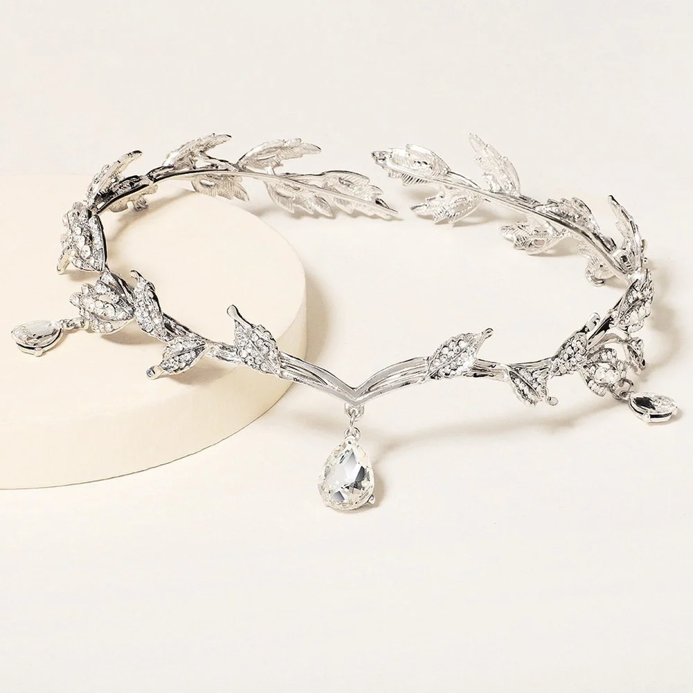 Vintage Silver Leaf Tiara with Clear Crystal Drop